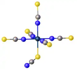 Crystal structure of [ReIV(NCS)5(SCN)]2-.[3] Color code: blue = N, yellow = S.