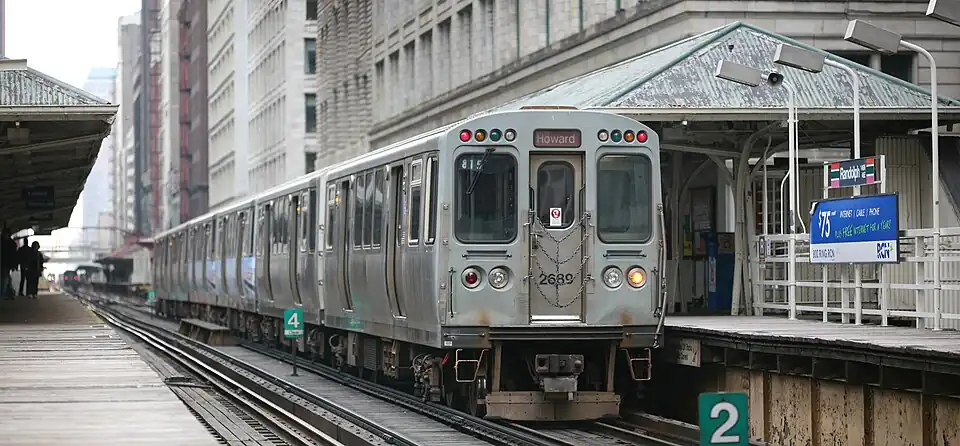 Image 34A Howard bound Red Line train temporarily rerouted to elevated tracks at Randolph station, Chicago. Photo credit: Daniel Schwen (from Portal:Illinois/Selected picture)