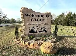 Welcome sign at Cache OK in 3-2025
