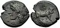 Ancient Greek coin from Campania, Italy (3rd century BC). A Vergina sun symbol is depicted above the bull.