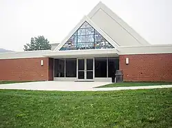 Mary Lou Campana Chapel and Lecture Center contains lead, glass, steel and brass windows entitled The Fountain of Life by Terry Bengel