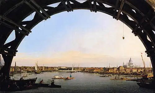 London Seen Through an Arch of Westminster Bridge by Canaletto, 1747