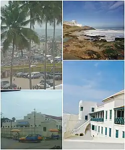 Counter-clockwise from top-left image: Arch bridge and harbour view from Elmina Castle; City hall of Cape Coast; Cape Coast Castle; Cape Coast shoreline.