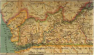 Bas-Congo District in 1913. Manyanga is on the north (right) bank of the Congo just west of point where the French border is defined by the Congo.