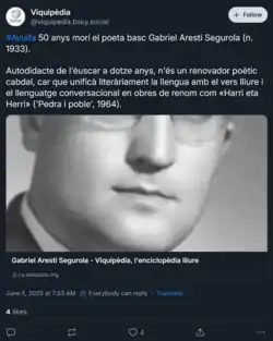 Screenshot of a Bluesky post by Catalan Wikipedia