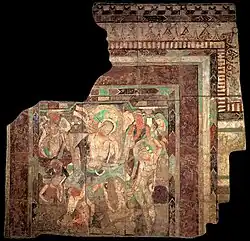 The mural, "Dance of princess Chandraprabha", with frames probably derived from Roman art of the 1st century AD.[132] Treasure Cave C (Cave 83). MIK III 8443.