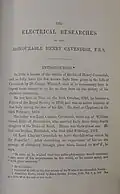 First page of a 1879 copy of "The Electrical Researches of the Honourable Henry Cavendish F.R.S"