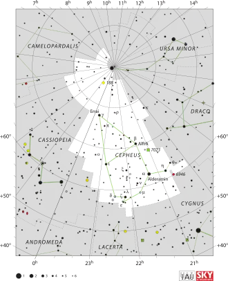 Diagram showing star positions and boundaries of the Cepheus constellation and its surroundings