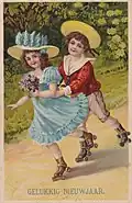 1918 Dutch New Year postcard, with an illustration of children roller skating outdoors.
