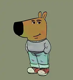 A human-like dog wearing a grey sweater, blue jeans, and red sneakers, giving off a chill expression