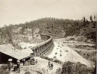 Chinese laborers fill Secret Town trestle, 1877
