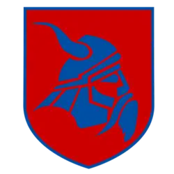 Red shield with the blue outline of a Viking