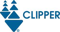 The Clipper logo. Two ships, each composed of three rounded blue triangles pointing upwards atop one blue triangle pointing downwards. The ship on the right is twice as large as the ship on the left. At the right is the word "Clipper" in all capital letters.