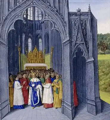 Clovis II visiting Saint Denis (painted in 15th&nbsp;c.)