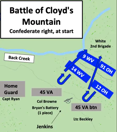 A color map showing the Union and Confederate troop positions (shaded blue and grey respectively), with the two frontal Union regiments driven back behind the other two regiments of their brigade