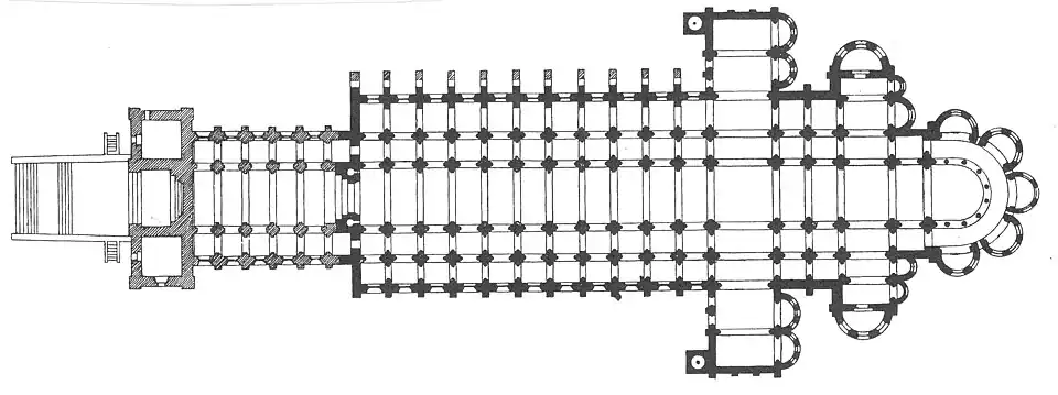 Plan of Cluny Abbey, with portal and pre-nave (avant-nave) and two towers, on the west, two transepts with towers, and an apse with radiating chapels on the east.