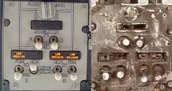 Two panels, one clean on the left, and the other covered in fire damage, consisting of three sets of two switches. On the right, the two center switches are flipped up.