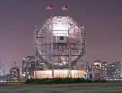 The rear of the clock, with Lower Manhattan in the background