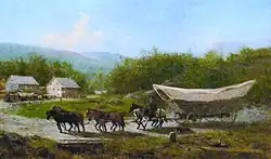 rural scene painting of wagon and six horses