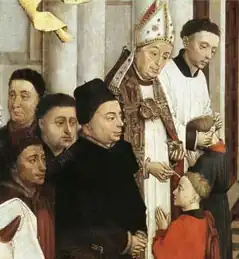 A bishop administering Confirmation. Rogier van der Weyden, The Seven Sacraments (detail), c. 1445.