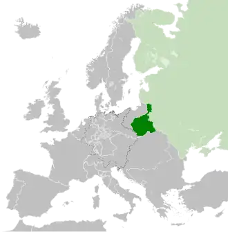Map of Congress Poland, c. 1815, following the Congress of Vienna. The Russian Empire is shown in light green.