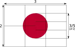 The flag has a ratio of two by three. The diameter of the sun is three-fifths of the length of the flag. The sun is placed directly in the center.
