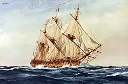 A painting of a three masted ship, its sails full of wind