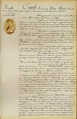 French police file for courtesan Cora Pearl, dated September 1865, featuring a sepia portrait of her in formal attire and handwritten biographical notes in French.