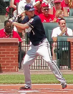 right-handed baseball player awaits a pitch at home plate with his left leg cocked to stride for a swing. The bat is over his right shoulder and he is wearing a blue jersey and dark batting helmet.