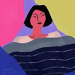 A line-less painting of a bust of a woman with wavy navy blue beadsheets covering her; the title Sleepless in __________ can be seen in the bottom left-hand corner.