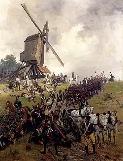 The advancing French pass Napoleon. Painted by Ernest Crofts (1875).