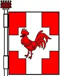 Banner of the Burgh of Markinch, Scotland: Gules, on a cross nowy quadrate argent a cock gules.