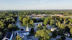 Cumberland Center, looking northeast at the Congregational Church, Greely High School, and Main Street