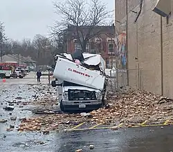 A damaged van outside the venue
