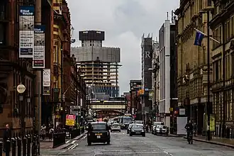 The West Tower under construction, visible at the end of Deansgate, October 2017