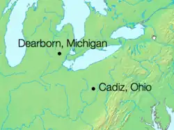 Physical map of the north central U.S. with two dots that show the flight from Dearborn, Michigan, over Lake Erie and then over land to Cadiz, Ohio.