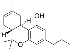 The chemical structure of Δ8-THCV, a synthetic analog of THCV. The structure differs subtly by the relocation of one carbon-carbon double bond.