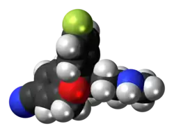 Space-filling model of the desmethylcitalopram molecule