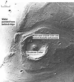 Great amounts of water were required to carry out the erosion shown in this Viking image. Image is located in Lunae Palus quadrangle. The erosion shaped the ejecta around Dromore.