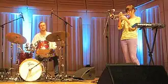 Dinosaur live on stage in Cardiff in October 2016. Corrie Dick and Laura Jurd shown.