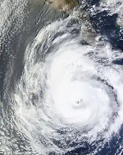 Satellite image of Hurricane Dolores with a large, cloud-filled eye on June 16