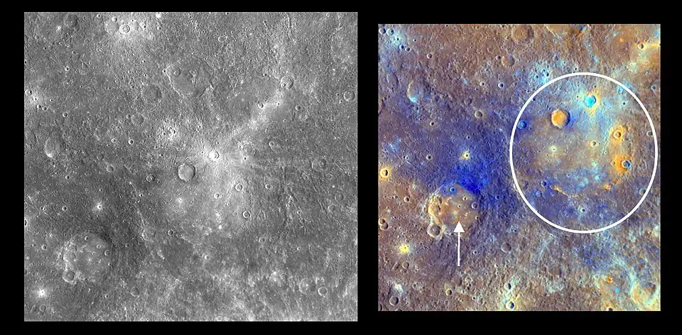 Homer basin is marked with a white circle in the enhanced-color image. Nearby Titian crater is marked with an arrow.