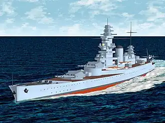 A 3-D model of a Dunkerque-class battleship rendered with flat shading