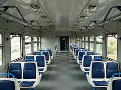Interior view of an ER9M EMU converted for use as a Kyiv Urban Electric Train.