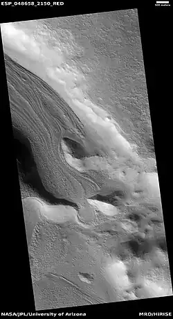 Valley showing Lineated valley fill (LVF), as seen by HiRISE under HiWish program. A linear valley flow is caused by ice movements. The LVF is a glacier covered with debris. That covering protects it from the ice disappearing.