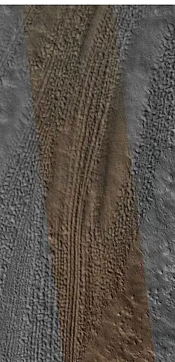 Lineated valley fill in valley, as seen by HiRISE under HiWish program. Linear valley flow is ice covered by debris. Lineated valley fill is generally considered to be and example of a glacier, as it involves the movement of ice.