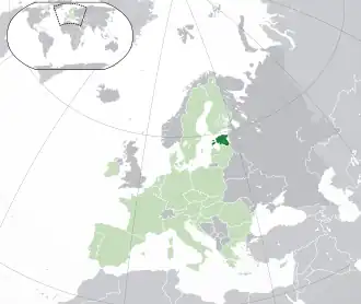 Location of&nbsp;Estonia&nbsp;(dark green) –&nbsp;in Europe&nbsp;(green &&nbsp;dark grey) –&nbsp;in the European Union&nbsp;(green)&nbsp; –&nbsp; [Legend]