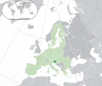 Location of&nbsp;Slovenia&nbsp;(dark green) –&nbsp;in Europe&nbsp;(green &&nbsp;dark grey) –&nbsp;in the European Union&nbsp;(green)