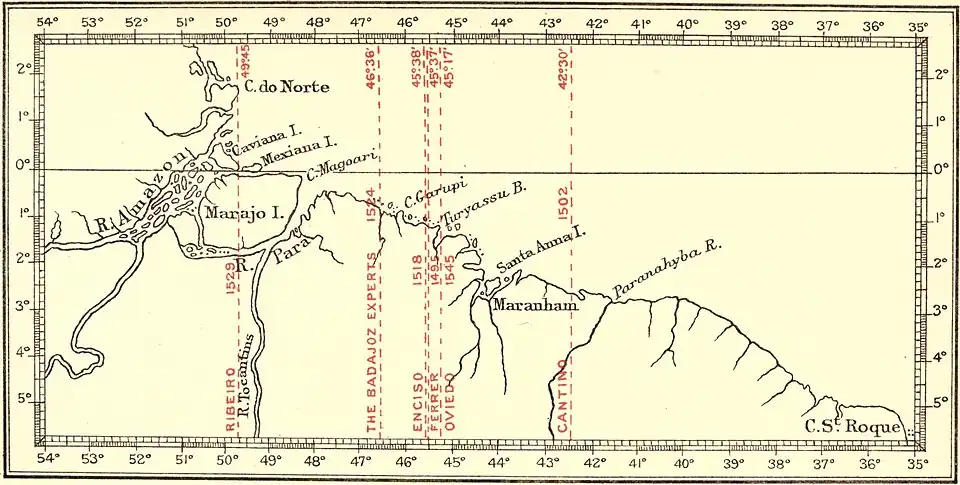 Harrisse's presentation of the various Spanish and Portuguese computations of the Tordesillas Meridian,[33] producing antimeridians from 130°&nbsp;15′ to 137°&nbsp;30′&nbsp;E.