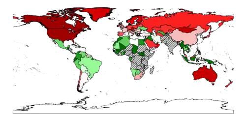 World map coloured according to the number of days each country takes to exhaust the resources it produces in the same year (green-high to red-low).